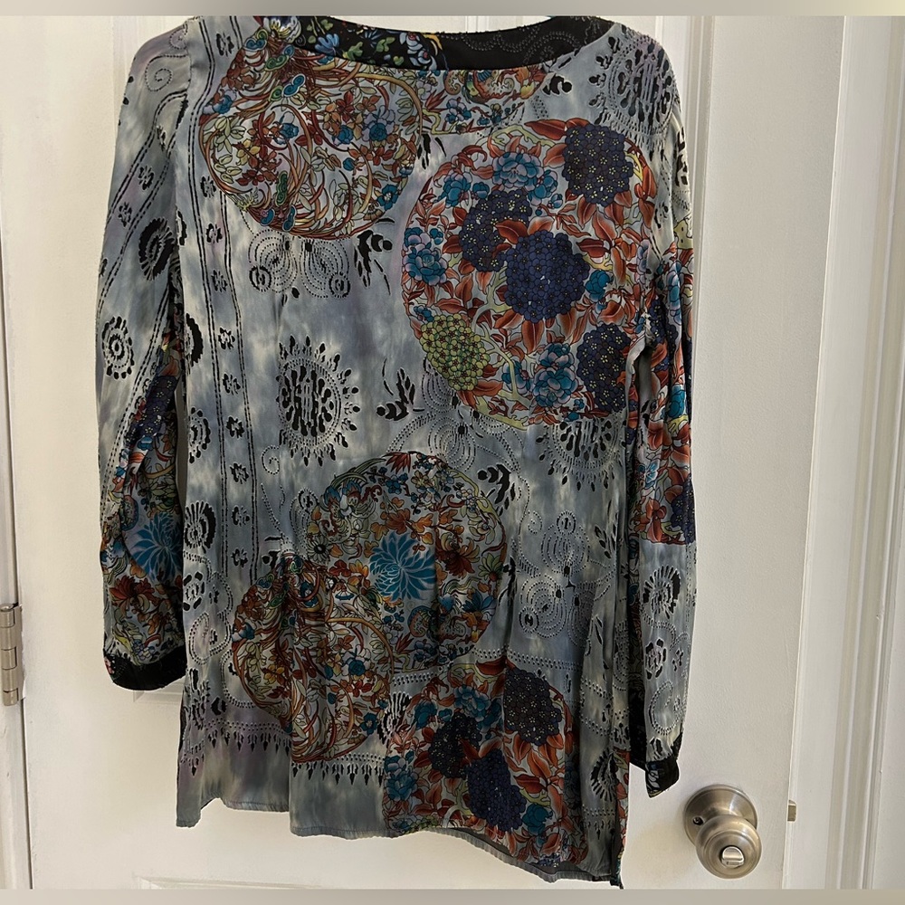Citron Multi-Color Printed Long Sleeve Silk Blend Blouse Women's Size Medium M